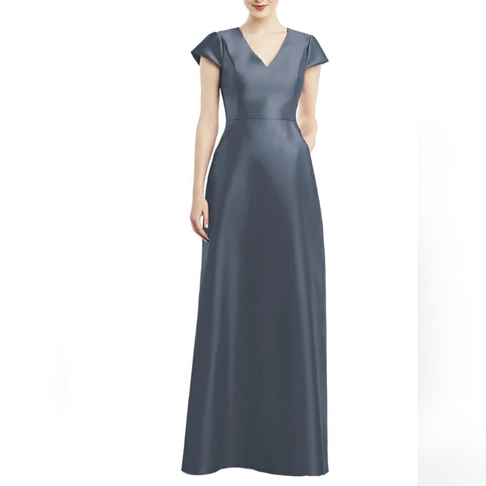 NWT Alfred Sung Cap Sleeve V-Neck Satin Gown with Pockets